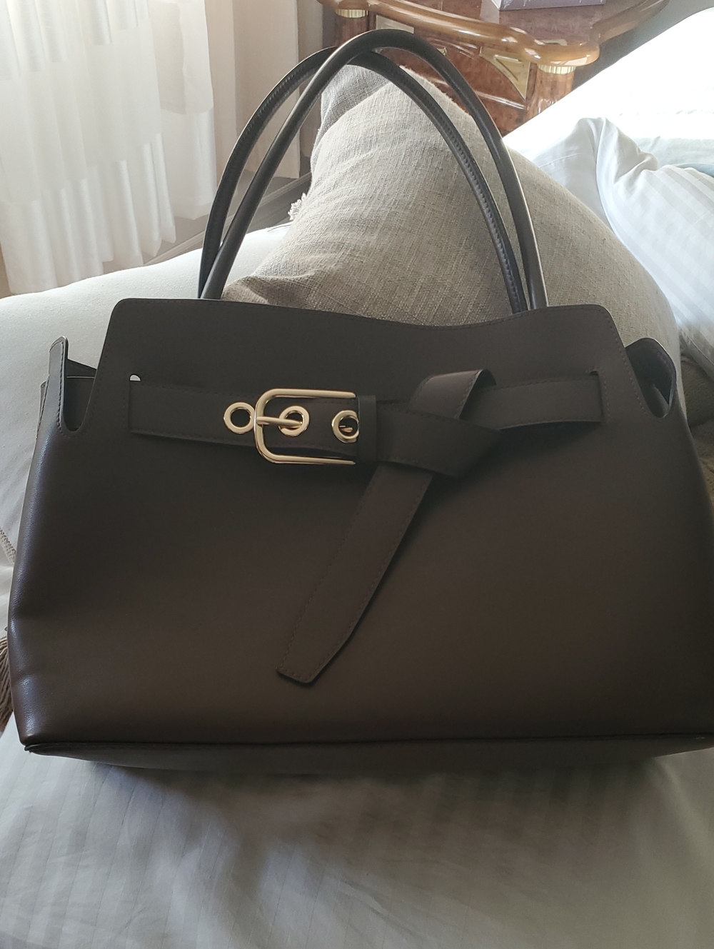Classic Brown faux Leather Tote Bag with Belt Accent